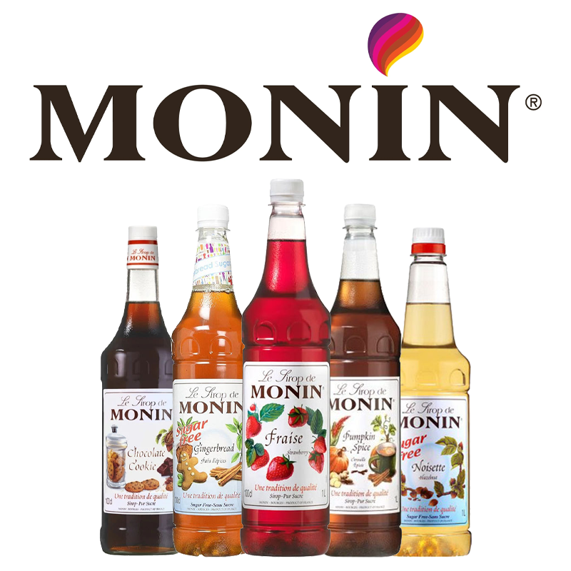 Monin Logo above 5 Bottles of Coffee Syrups; Chocolate Cookie, Gingerbread, Fraise, pumpkin spice & hazelnut
